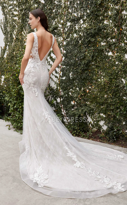 AABEI DRESS Gorgeous Mermaid Deep V Neck Sleeveless Backless Lace Applique Chapel Train Charming Wedding Dress