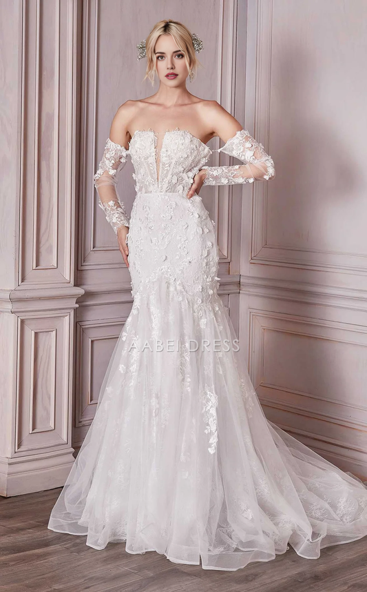 AABEI DRESS Gorgeous Mermaid Strapless Cutout Neckline Long Sleeves Backless Exquisite Floral Wedding Dress