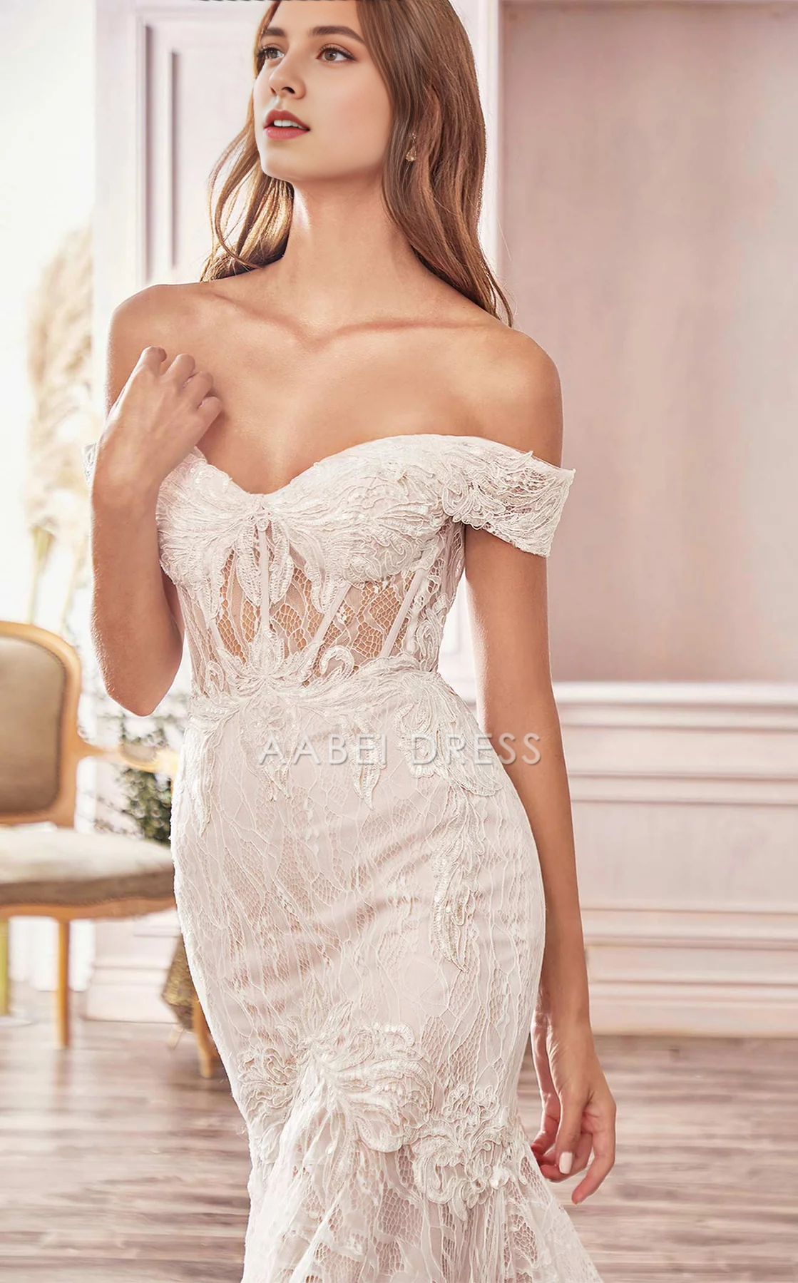 AABEI DRESS Gorgeous Mermaid Strapless Off the shoulder sweetheart Neckline Exquisite Lace Sweep Train Wedding Dress