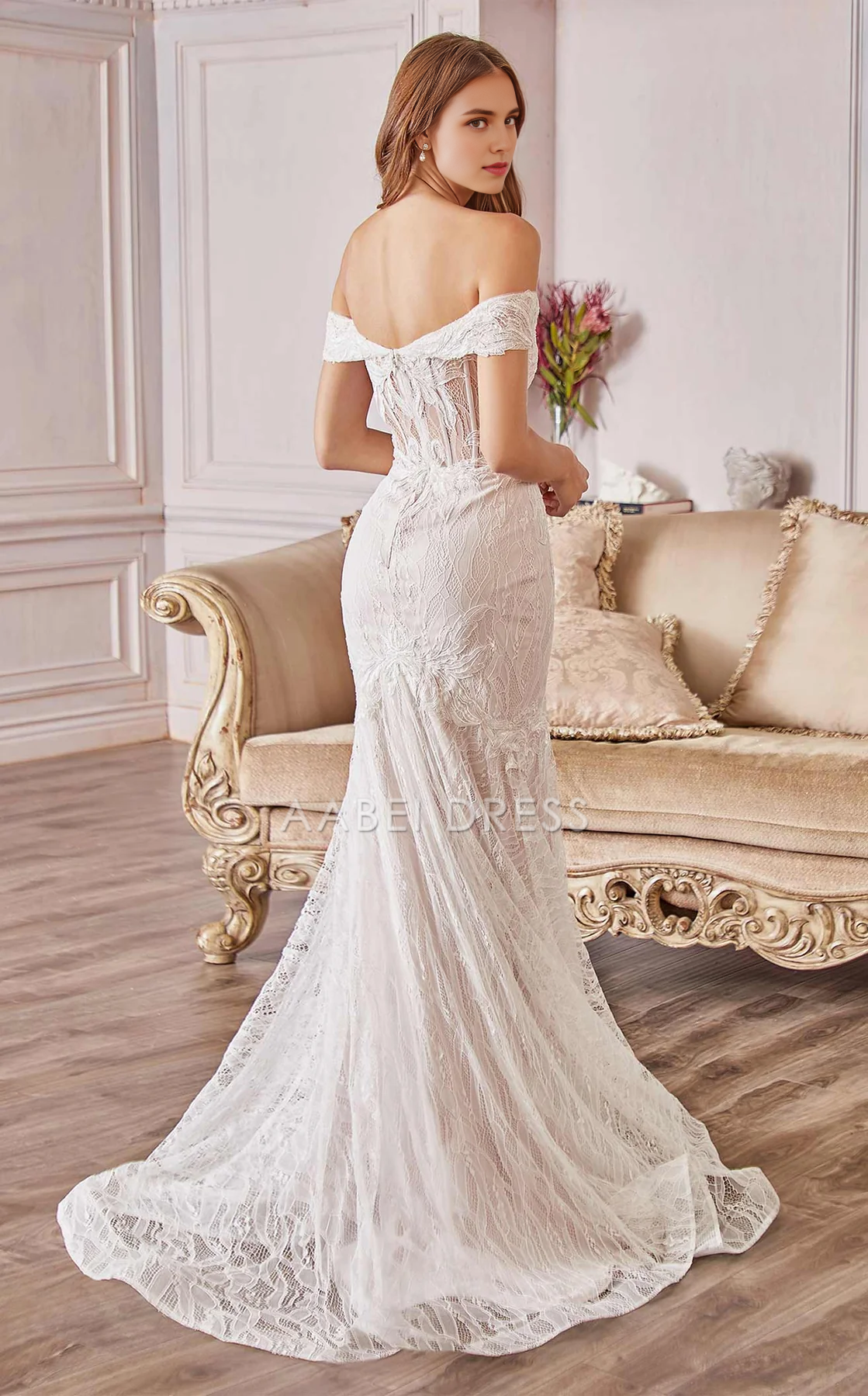 AABEI DRESS Gorgeous Mermaid Strapless Off the shoulder sweetheart Neckline Exquisite Lace Sweep Train Wedding Dress