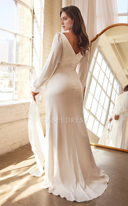 AABEI DRESS Gorgeous Sheath V Neck Long Sleeves Pleated Side Fork Elegant Simple Wedding Dress