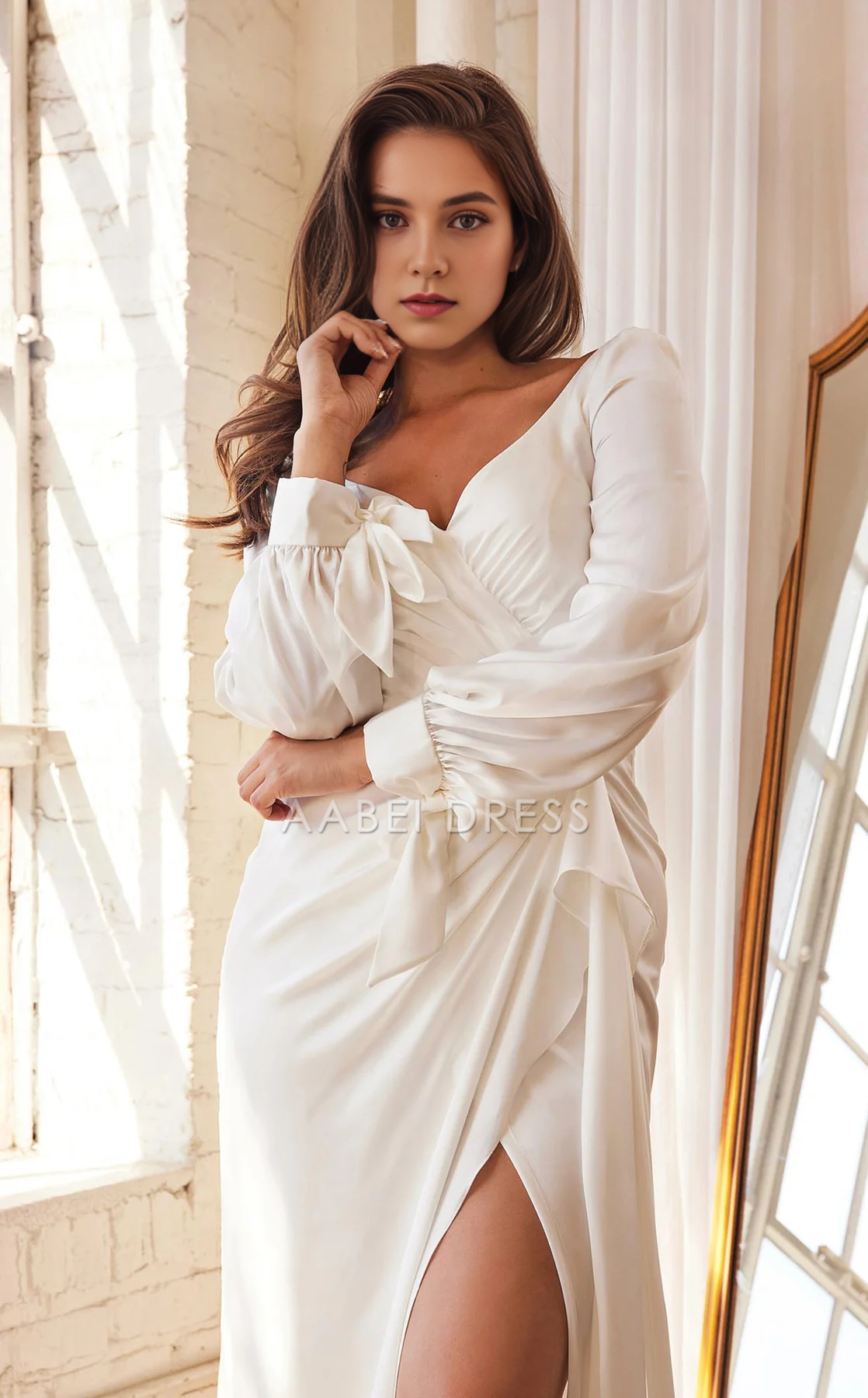 AABEI DRESS Gorgeous Sheath V Neck Long Sleeves Pleated Side Fork Elegant Simple Wedding Dress