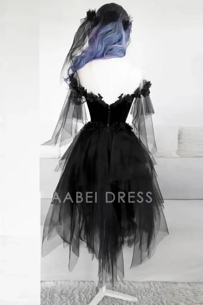 AABEI DRESS Gothic A Line Off the Shoulder Black Irregular Lace Fashion Hot Sale Short Homecoming Dress