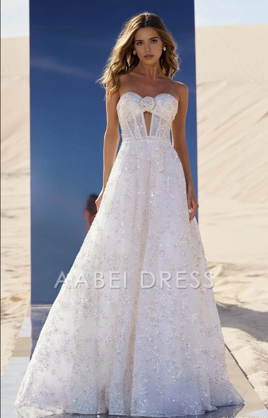 AABEI DRESS Luxurious Sequin A Line Off-shoulder Sweetheart Backless Sparkle Wedding Dress