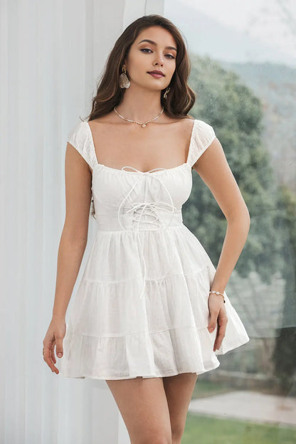 AABEI DRESS New Homecoming Dress Simple A-Line Cap Sleeves Lace up Bow Cute Short Graduation Dress