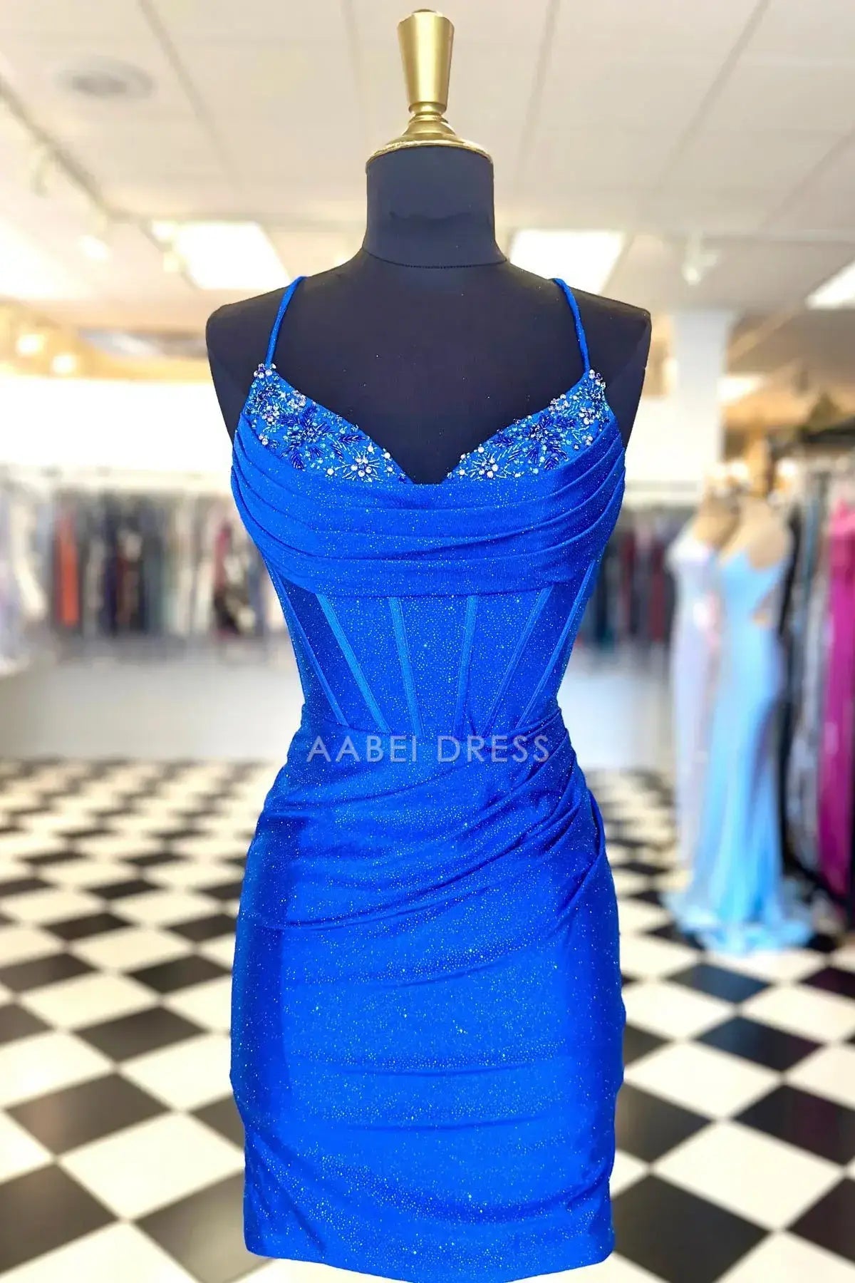 AABEI DRESS Royal Blue Bodycon Spaghetti Strap V Neck Beaded Pleated Backless Exquisite Hot Sale Short Homecoming Dress