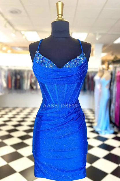 AABEI DRESS Royal Blue Bodycon Spaghetti Strap V Neck Beaded Pleated Backless Exquisite Hot Sale Short Homecoming Dress