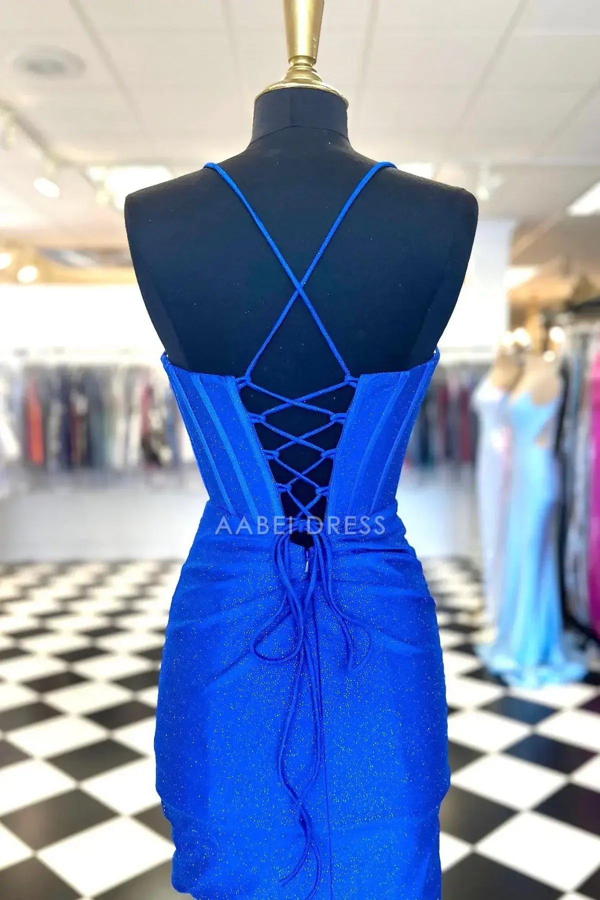 AABEI DRESS Royal Blue Bodycon Spaghetti Strap V Neck Beaded Pleated Backless Exquisite Hot Sale Short Homecoming Dress