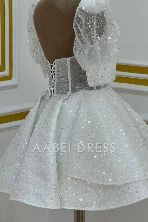 AABEI DRESS Sequin A Line Sweetheart Puff Sleeves Backless Sparkle Hot Sale Short Homecoming Dress