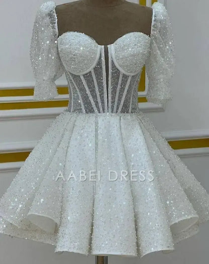 AABEI DRESS Sequin A Line Sweetheart Puff Sleeves Backless Sparkle Hot Sale Short Homecoming Dress
