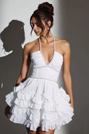 AABEI DRESS Short Prom Dress Exquisite A-Line Halter Pearl Low-Cut Neck Layering Fuffled Ruched Mini Princess Dress Hot Sale Homecoming Dress