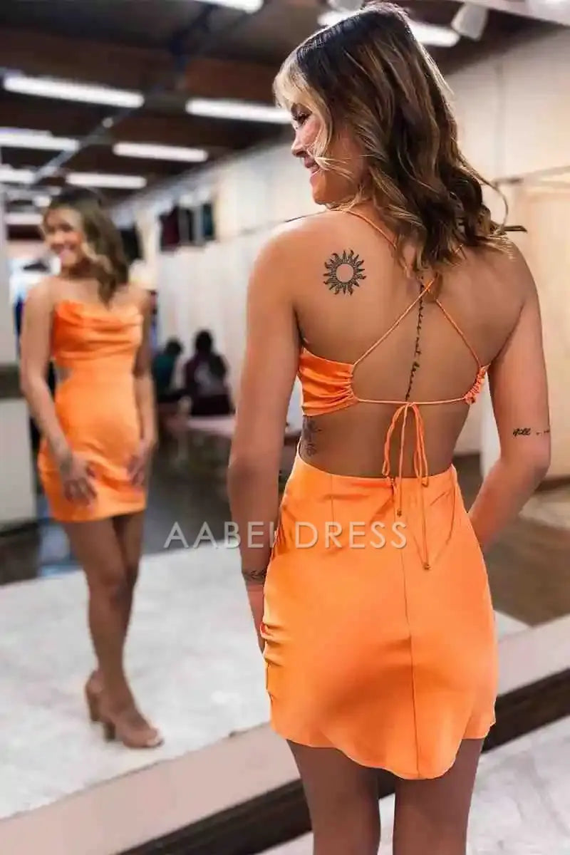 AABEI DRESS Simple Sheath Spaghetti Strap Cowl Neck Lace-Up Backless Sexy Mini Hot Sale Short Homecoming Dress