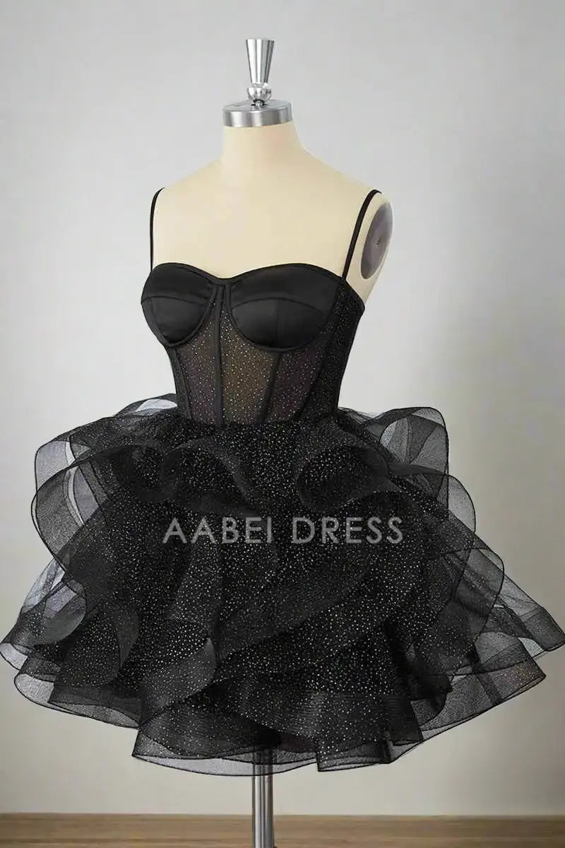 AABEI DRESS Sparkle A-Line Spaghetti Strap Sweetheart Neckline Tiers Ruffle Sequin Hot Sale Short Homecoming Dress