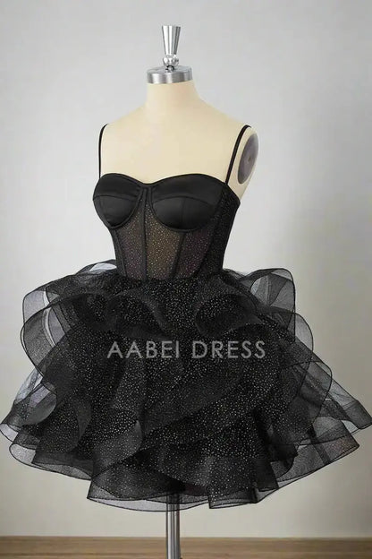 AABEI DRESS Sparkle A-Line Spaghetti Strap Sweetheart Neckline Tiers Ruffle Sequin Hot Sale Short Homecoming Dress