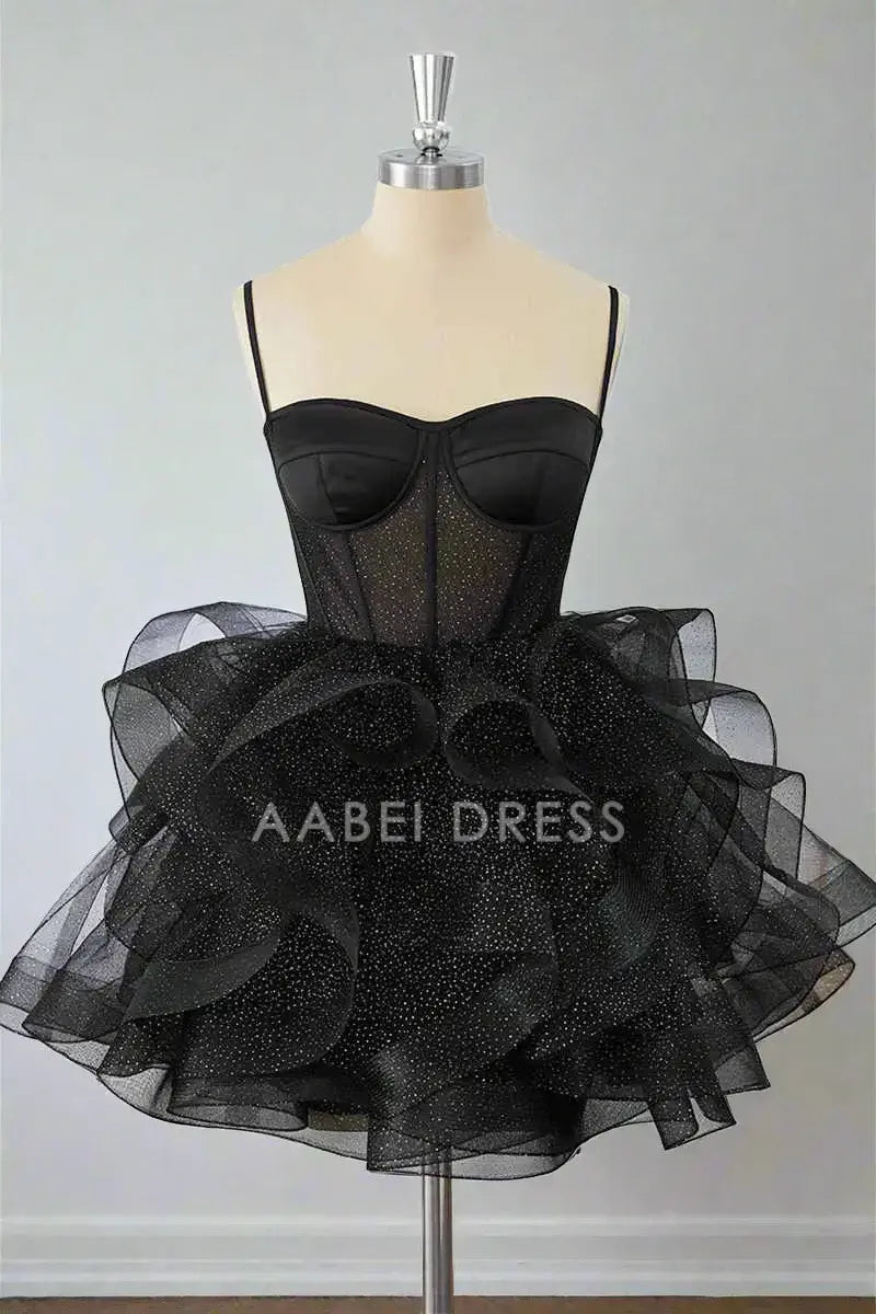 AABEI DRESS Sparkle A-Line Spaghetti Strap Sweetheart Neckline Tiers Ruffle Sequin Hot Sale Short Homecoming Dress