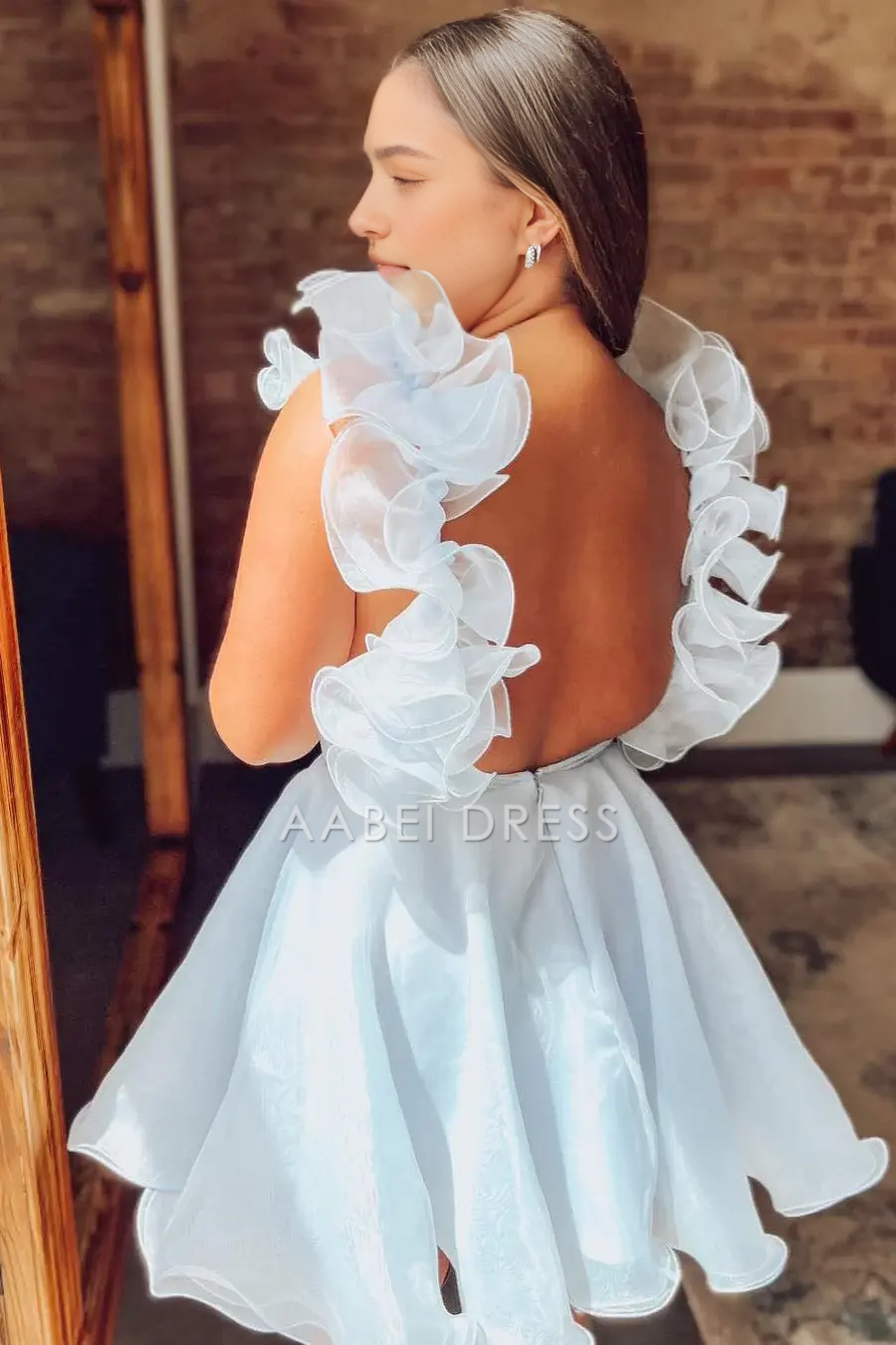 AABEI DRESS Unique A Line V Neck Ruffles Shoulder Straps Backless Tulle Fashion Hot Sale Short Homecoming Dress