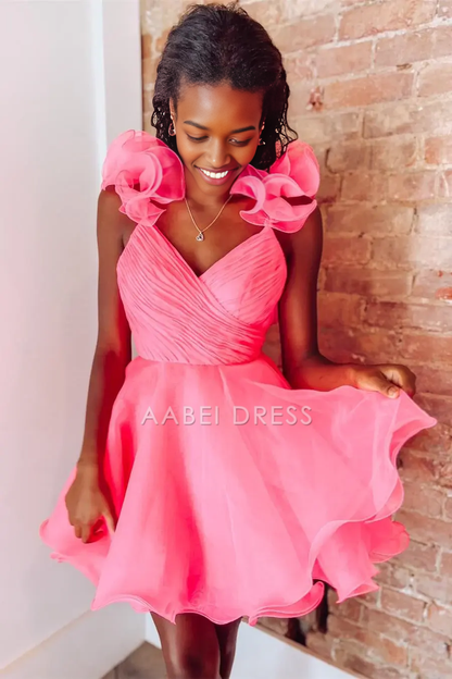 AABEI DRESS Unique A Line V Neck Ruffles Shoulder Straps Backless Tulle Fashion Hot Sale Short Homecoming Dress