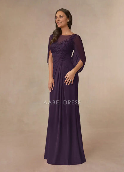 AABEI DRESS Wedding Guests Dresses A-Line Boat Neck Lace Applique Capelet Pleated Retro Mother of the Bride Dress