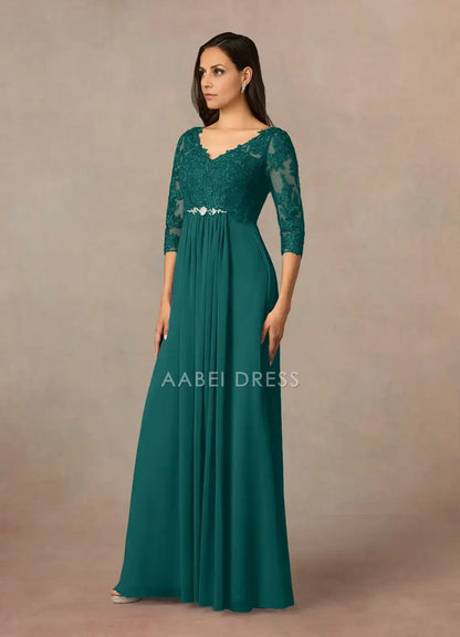 AABEI DRESS Wedding Guests Dresses A-Line V-Neck 3/4 Sleeve Lace Applique Beadwork Elegant Retro Mother of the Bride Dress
