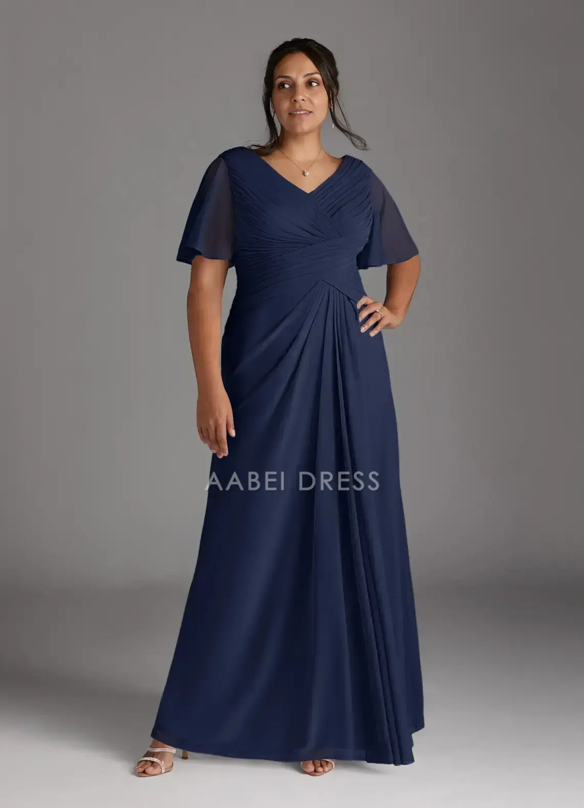 AABEI DRESS Wedding Guests Dresses A-Line V-Neck Flutter Sleeves Pleated V Back Elegant Simple Plus size dress Mother of the Bride Dress