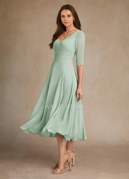 AABEI DRESS Wedding Guests Dresses A-Line V-Neck Three-Quarter Sleeves Pleated Bodice Tea-Length Elegant Mother of the Bride Dress
