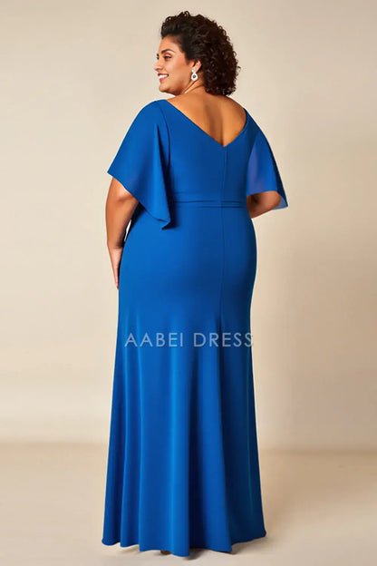 AABEI DRESS Wedding Guests Dresses A Line Boat Collar Flutter Sleeves V Back Pleated Plus Size Dress Mother of the Bride Dress