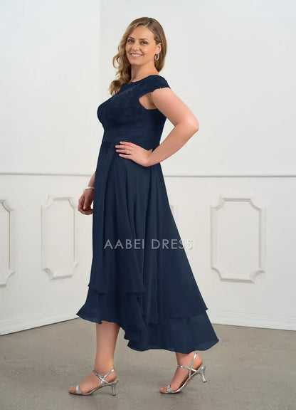AABEI DRESS Wedding Guests Dresses A Line Boat Neck Bodice Features Hand-Pieced Lace Applique Cap Sleeves Tiers Ruched Retro Fashion Plus Size Dress Mother of the Bride Dress