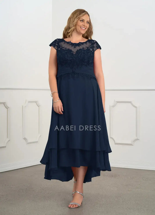 AABEI DRESS Wedding Guests Dresses A Line Boat Neck Bodice Features Hand-Pieced Lace Applique Cap Sleeves Tiers Ruched Retro Fashion Plus Size Dress Mother of the Bride Dress