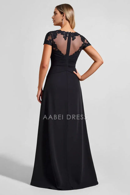 AABEI DRESS Wedding Guests Dresses A Line Illusion Boat Neck Cap Sleeve Lace Applique  With Slit Elegant Long Mother of the Bride Dress