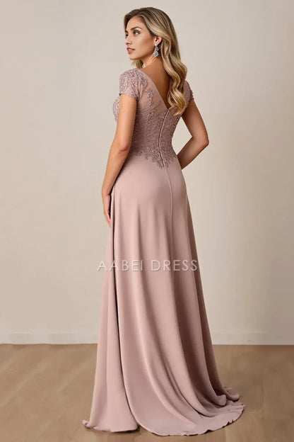 AABEI DRESS Wedding Guests Dresses A Line V-Neck Cap Sleeve Lace Appliqued V Back Elegant Long Mother of the Bride Dress