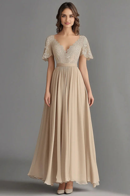 AABEI DRESS Wedding Guests Dresses A Line V Neck Short Sleeve Ruched Lace Backless Elegant Mother of the Bride Dress