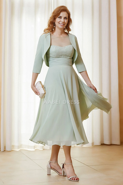 AABEI DRESS Wedding Guests Dresses Fashion A-Line Sweetheart Neckline with Jacket Two-Piece Set 3/4 Sleeves Lace Bodice Pleated Waist Chiffon Dress Elegant Mother of the Bride Dress