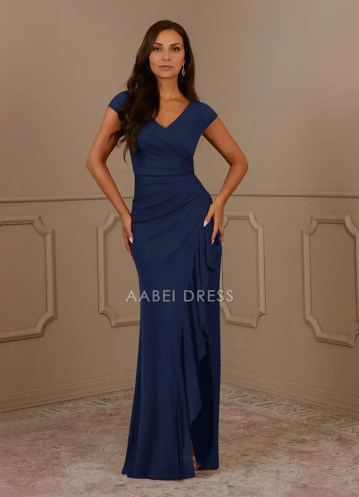 AABEI DRESS Wedding Guests Dresses Charming Mermaid V Neck Cap Sleeves Ruched Side Fork Elegant Mother of the Bride Dress