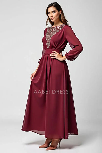 AABEI DRESS Wedding Guests Dresses Chiffon A Line Round Neck Long Sleeves Applique Fashion Long Mother of the Bride Dress