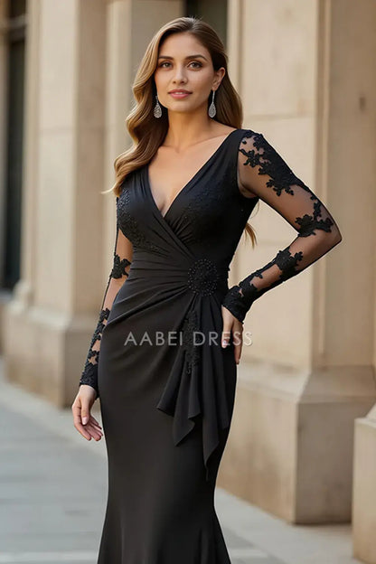 AABEI DRESS Wedding Guests Dresses Mermaid V-Neck Lace Long Sleeves V Back Ruffled Elegant Long Mother of the Bride Dress