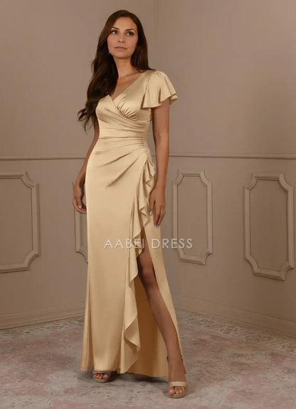 AABEI DRESS Wedding Guests Dresses Mermaid V-Neck Pleated Flutter Cap Sleeve V Back Ruched Side Fork Fashion Mother of the Bride Dress