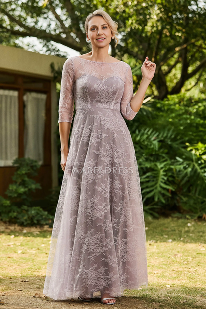 AABEI DRESS Wedding Guests Dresses Mom's Formal Dress A-Line Boat Collar 3/4 Sleeves Lace Ruched Long Dress Elegant Retro Mother of the Bride Dress