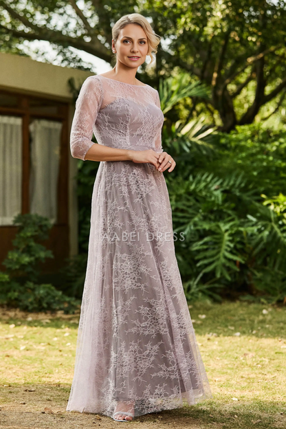 AABEI DRESS Wedding Guests Dresses Mom's Formal Dress A-Line Boat Collar 3/4 Sleeves Lace Ruched Long Dress Elegant Retro Mother of the Bride Dress