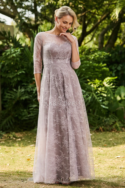 AABEI DRESS Wedding Guests Dresses Mom's Formal Dress A-Line Boat Collar 3/4 Sleeves Lace Ruched Long Dress Elegant Retro Mother of the Bride Dress