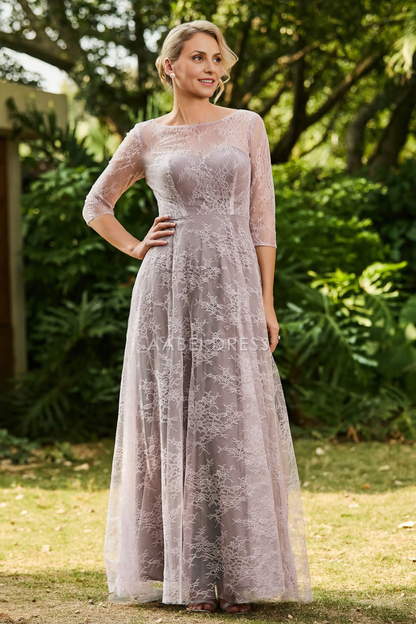 AABEI DRESS Wedding Guests Dresses Mom's Formal Dress A-Line Boat Collar 3/4 Sleeves Lace Ruched Long Dress Elegant Retro Mother of the Bride Dress