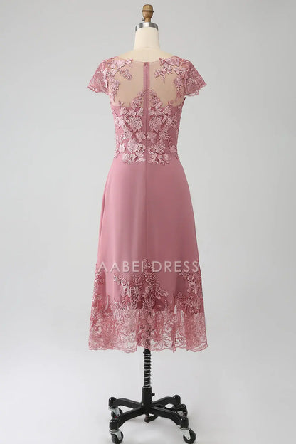 AABEI DRESS Wedding Guests Dresses Mom's Formal Dress A-Line Boat Collar Cap Sleeve Lace Applique Tea-Length Exquisite Fashion Mother of the Bride Dress