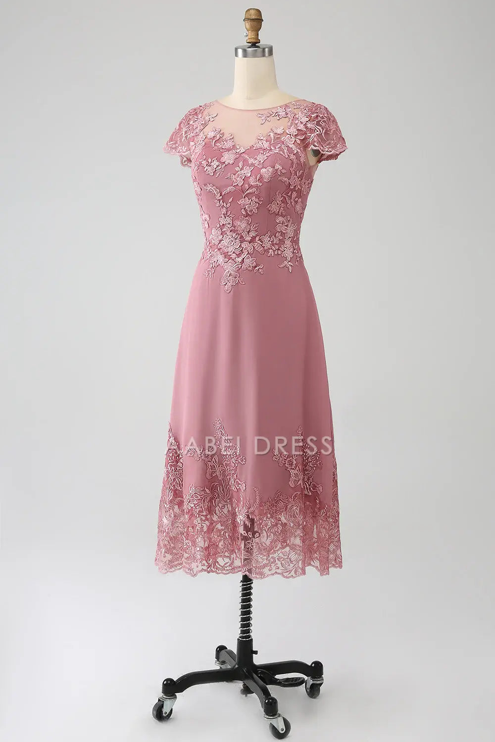 AABEI DRESS Wedding Guests Dresses Mom's Formal Dress A-Line Boat Collar Cap Sleeve Lace Applique Tea-Length Exquisite Fashion Mother of the Bride Dress