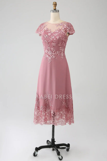 AABEI DRESS Wedding Guests Dresses Mom's Formal Dress A-Line Boat Collar Cap Sleeve Lace Applique Tea-Length Exquisite Fashion Mother of the Bride Dress