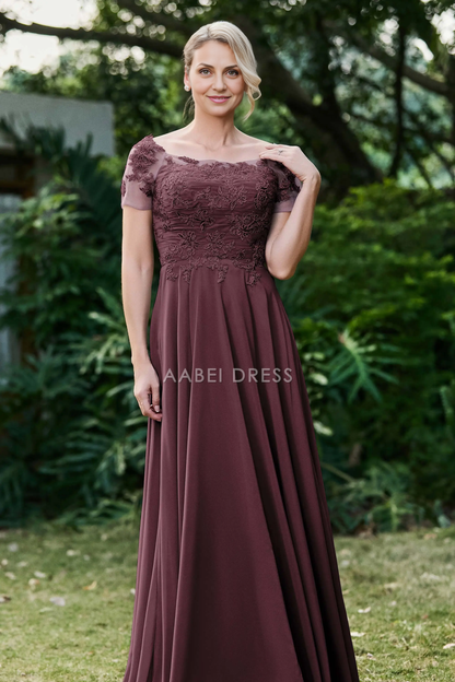 AABEI DRESS Wedding Guests Dresses Mom's Formal Dress A-Line Boat Collar Short Sleeves Lace Applique Chiffon Ruched Long Dress Exquisite Mother of the Bride Dress（副本）