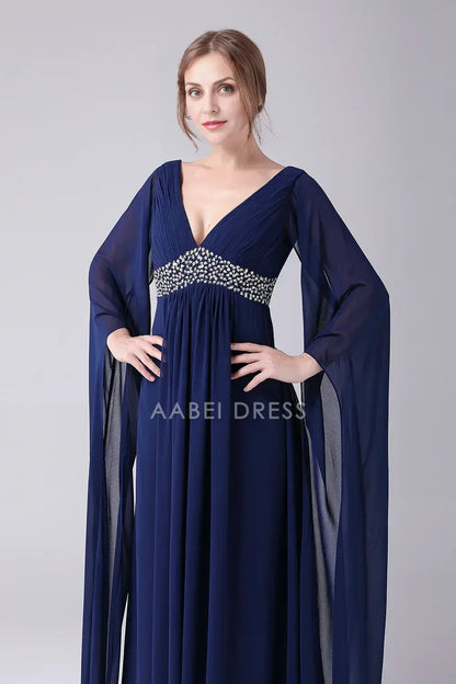 AABEI DRESS Wedding Guests Dresses Mom's Formal Dress A-Line Deep V-Neck Flutter Long Sleeves Chiffon Pleated Bead String Elegant Long Mother of the Bride Dress