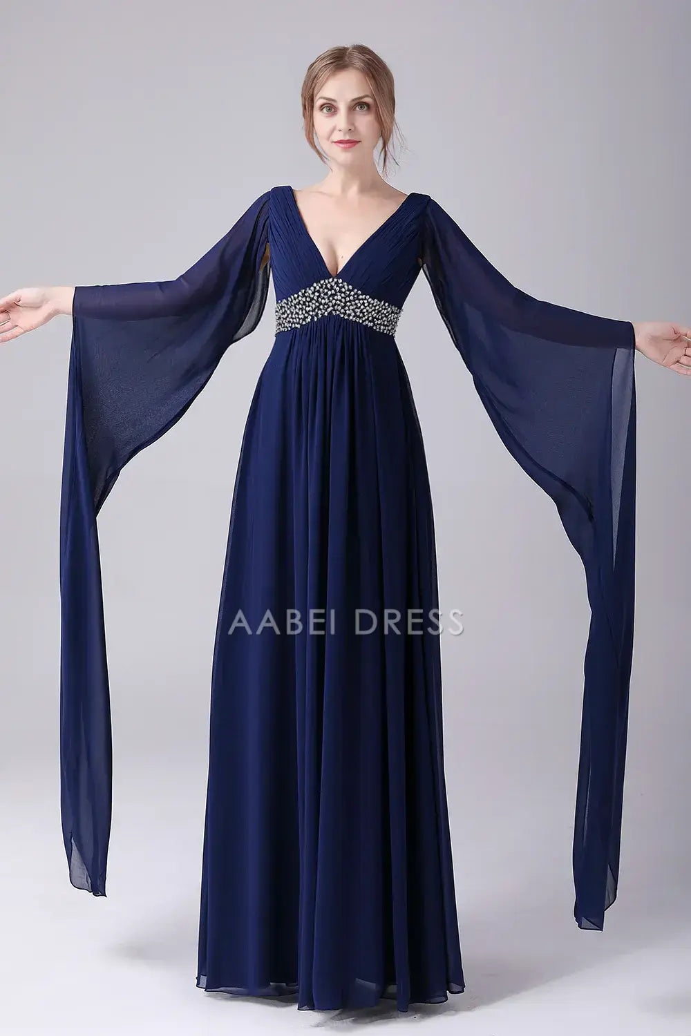 AABEI DRESS Wedding Guests Dresses Mom's Formal Dress A-Line Deep V-Neck Flutter Long Sleeves Chiffon Pleated Bead String Elegant Long Mother of the Bride Dress