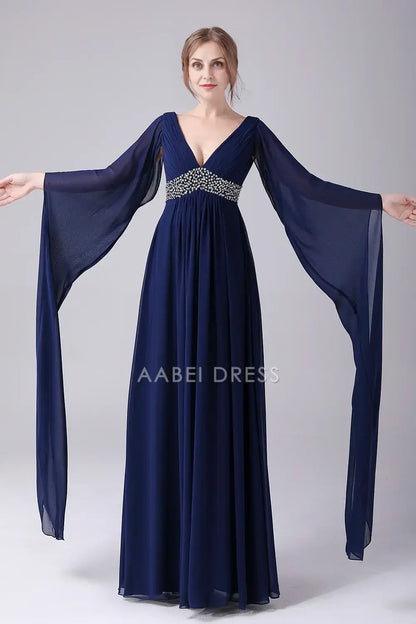 AABEI DRESS Wedding Guests Dresses Mom's Formal Dress A-Line Deep V-Neck Flutter Long Sleeves Chiffon Pleated Bead String Elegant Long Mother of the Bride Dress