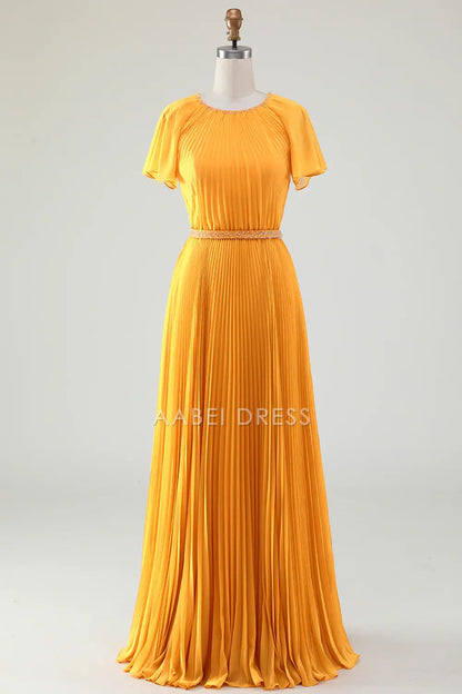 AABEI DRESS Wedding Guests Dresses Mom's Formal Dress A-Line Round Neck Flutter Short Sleeves Beadwork Pleated Dress Unique Elegant Mother of the Bride Dress