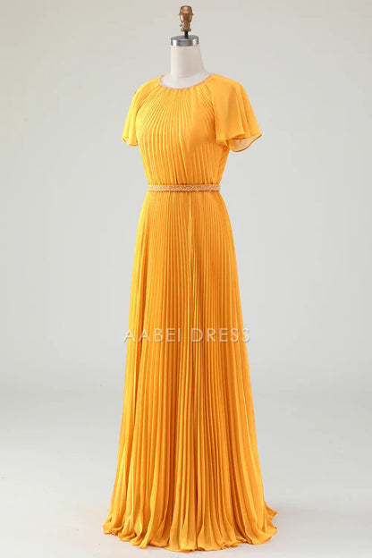 AABEI DRESS Wedding Guests Dresses Mom's Formal Dress A-Line Round Neck Flutter Short Sleeves Beadwork Pleated Dress Unique Elegant Mother of the Bride Dress