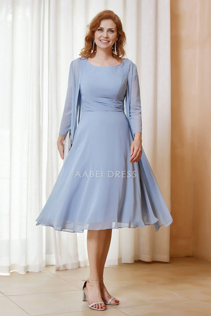 AABEI DRESS Wedding Guests Dresses Mom's Formal Dress A-Line Scoop Neck Chiffon Dress with Long Sleeves Jacket Two-Piece Set Elegant Mother of the Bride Dress